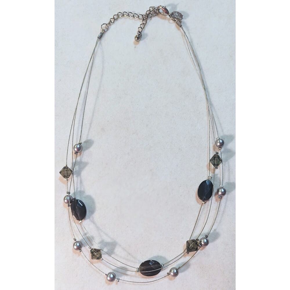 Lia Sophia Silver Tone 3 Strand Necklace Multistrand Black Gray Faceted Beads
